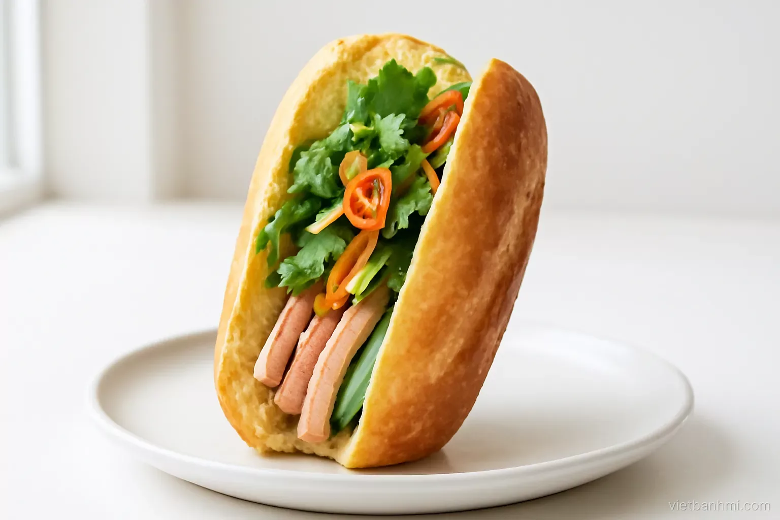 Side view of a single Vietnamese baguette sandwich upright on a white plate, crusty airy baguette split lengthwise, layers of pork roll, pickles, cucumber, cilantro and chili visible, bright light.