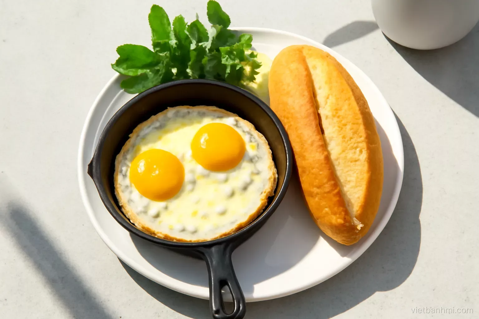 Top-down shot of a sizzling small cast-iron pan with fried eggs on a sidewalk breakfast table, a crusty Vietnamese baguette split lengthwise beside it, fresh herbs, bright early light.
