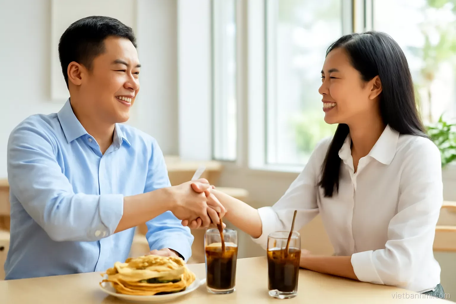 Two Vietnamese entrepreneurs shaking hands across a sunlit cafe table, a crusty Vietnamese baguette sandwich split lengthwise and iced coffees between them, side angle, airy modern tones.