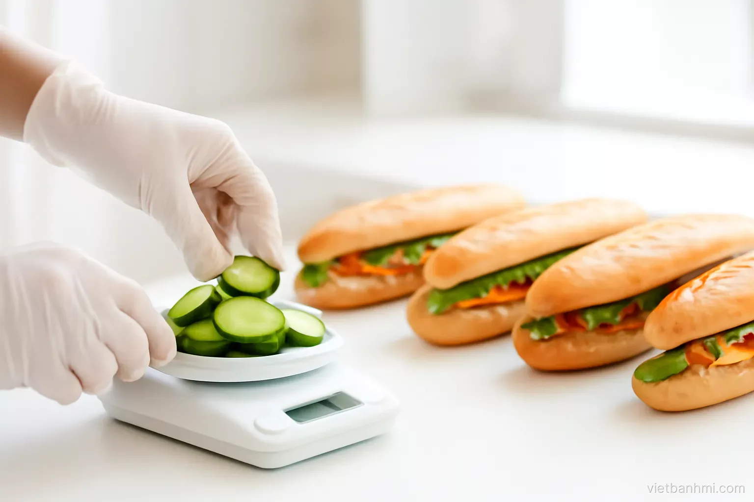 Close-up of gloved hands weighing sliced cucumber on a small kitchen scale beside a row of crusty Vietnamese baguette sandwiches split lengthwise, clean white prep room, soft daylight, shallow focus.