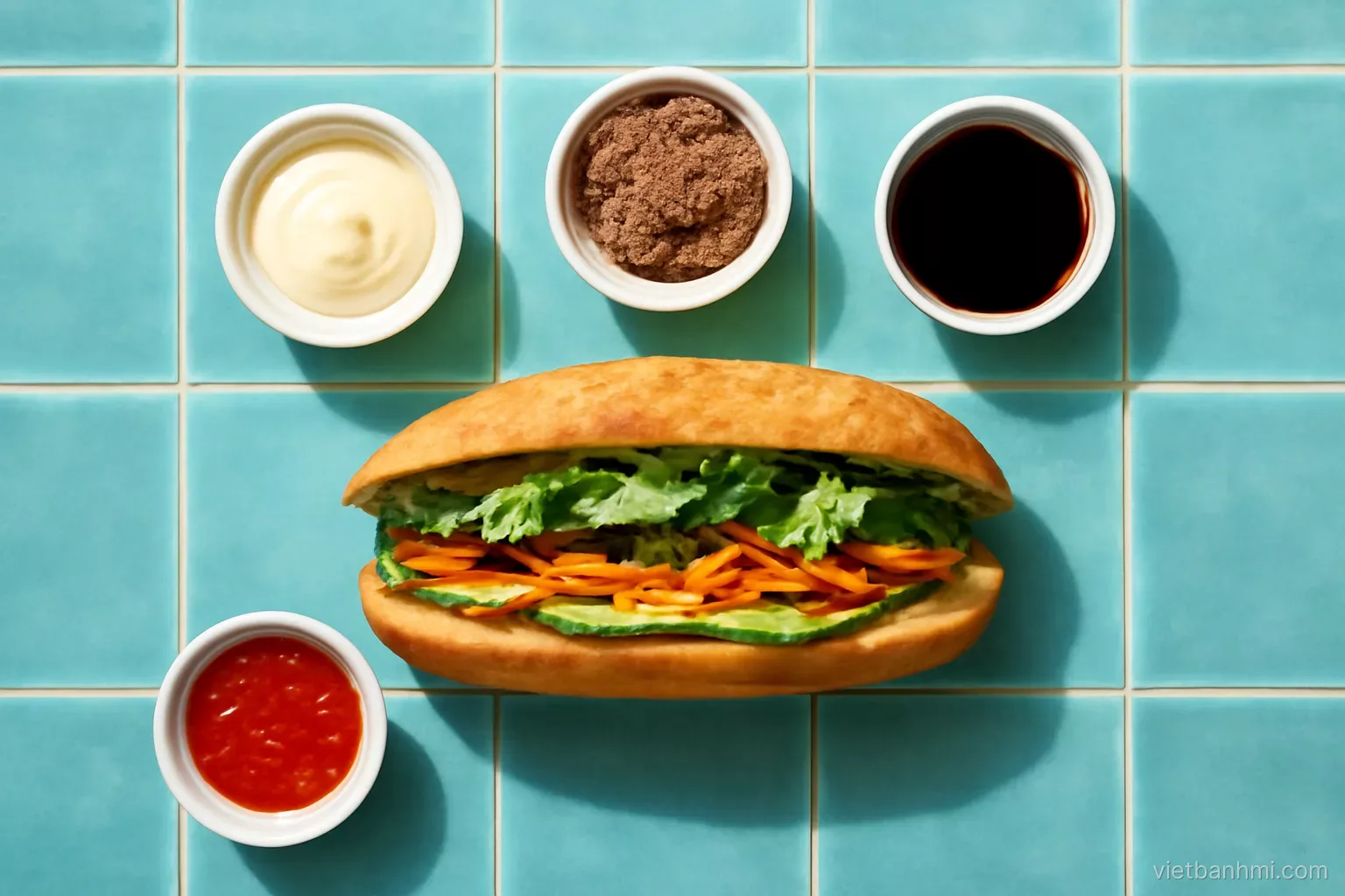 Overhead view of small bowls of pale mayo, brown pate, soy sauce and red chili sauce around an open Vietnamese baguette sandwich split lengthwise on a teal tiled counter.