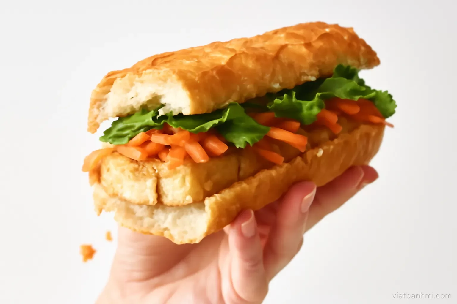 Extreme side-on macro of a freshly bitten Vietnamese baguette sandwich split lengthwise held in a hand, crackly golden crust flakes falling, tofu, pickled carrot and cilantro visible, crisp white backdrop.