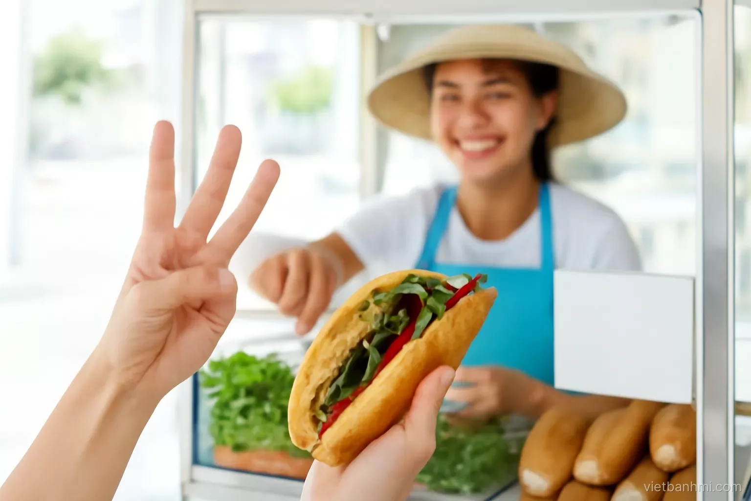 Close-up of a traveller hand holding up three fingers at a glass street cart, a Vietnamese baguette sandwich split lengthwise being filled, smiling vendor blurred behind, bright morning.