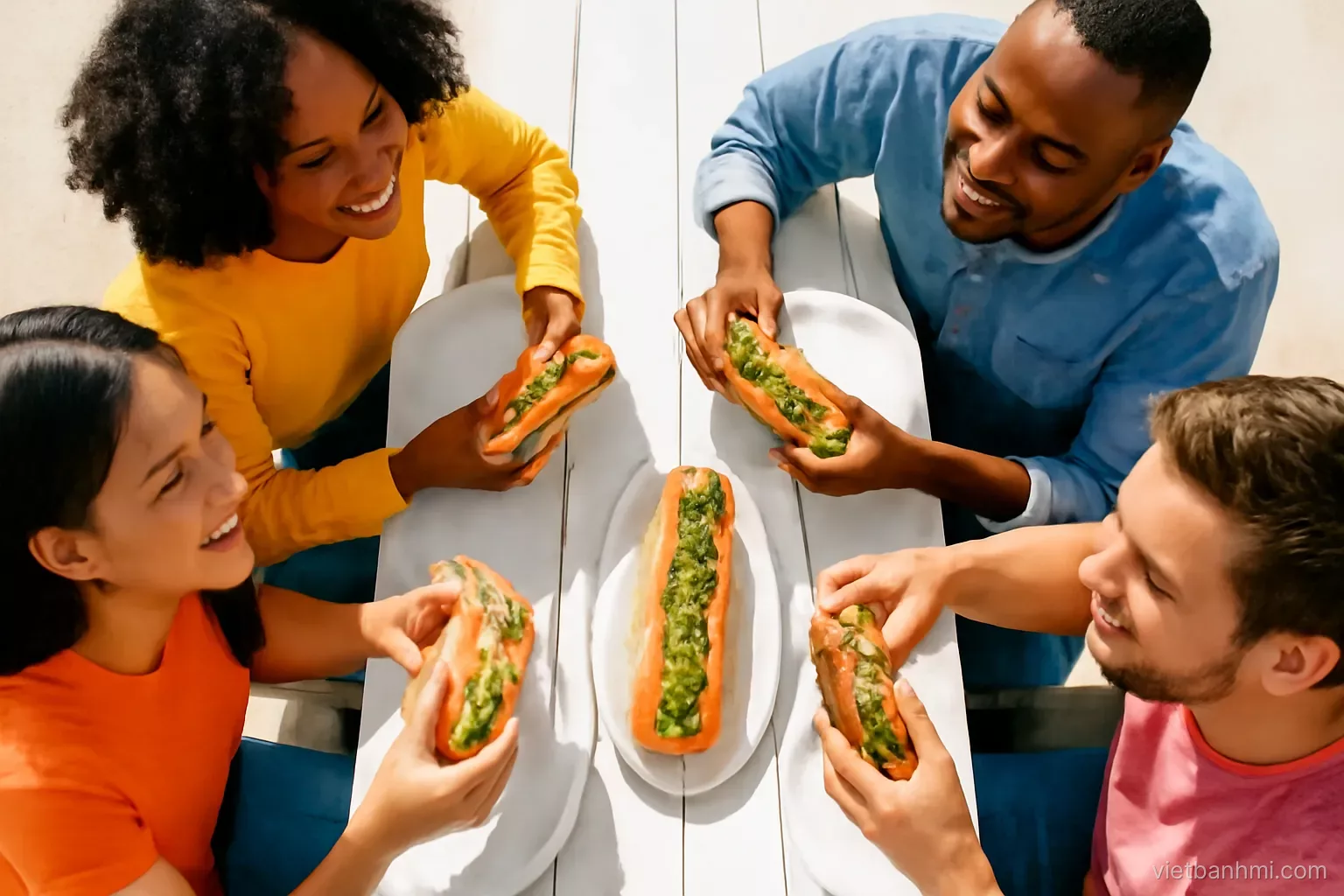 Overhead view of a long sunlit picnic table where mixed-ethnicity friends compare five different sandwiches, a Vietnamese baguette split lengthwise with herbs at the center, playful sharing, vivid colors.