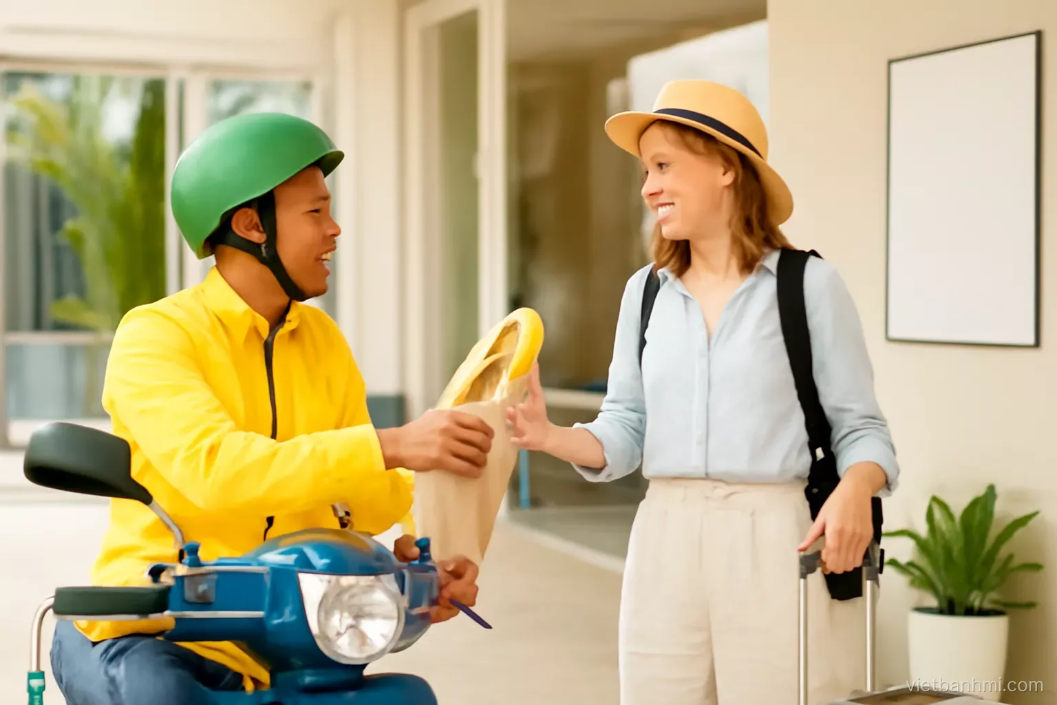 Wide dawn shot of a motorbike delivery rider handing a paper bag with a Vietnamese baguette sandwich split lengthwise to a smiling traveller at a hotel entrance, soft pastel light.