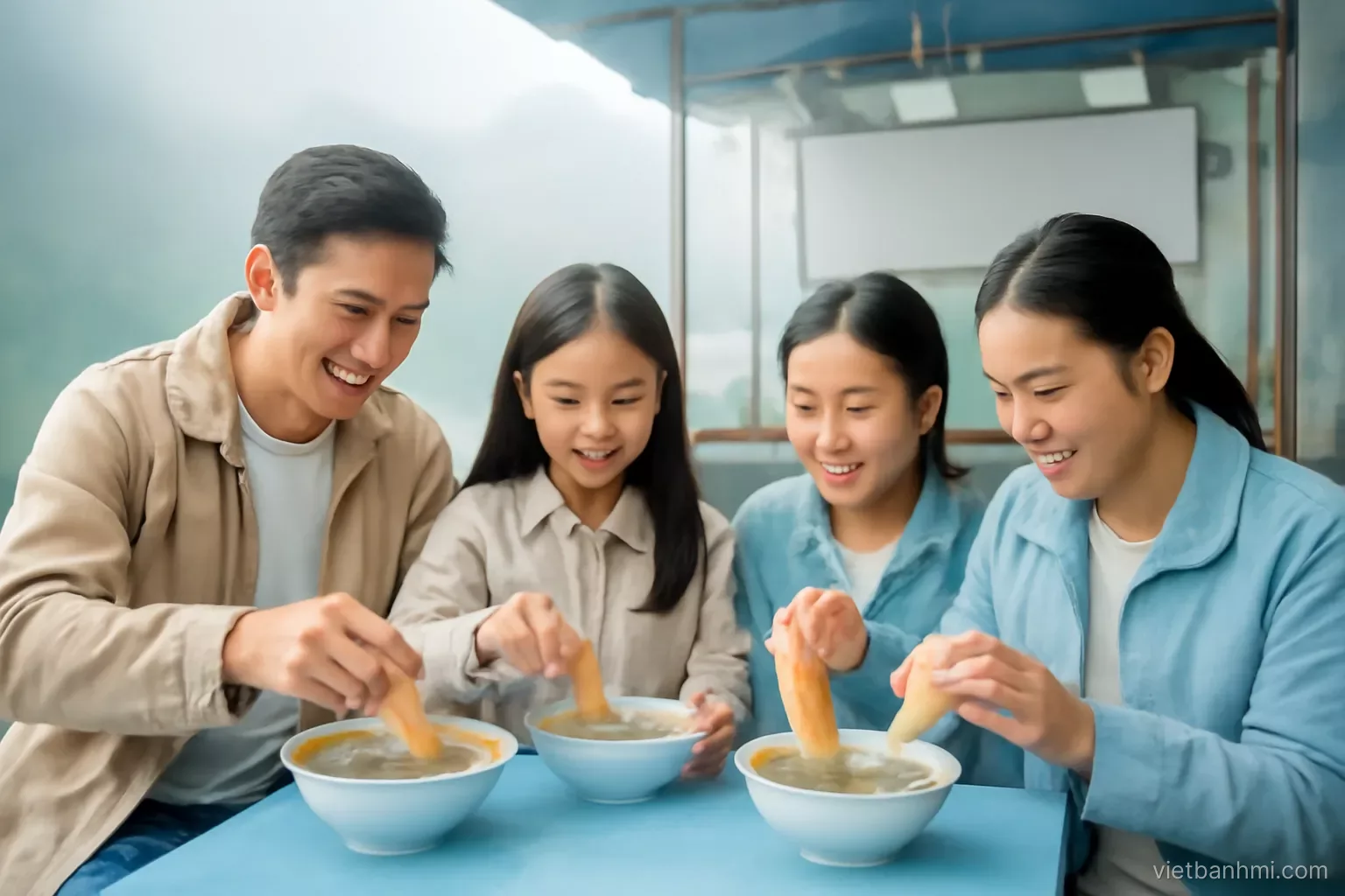 A Vietnamese family in light jackets dips pieces of crusty Vietnamese baguette, split lengthwise, into steaming bowls of meatball soup at a misty hillside street stall, cool morning light.