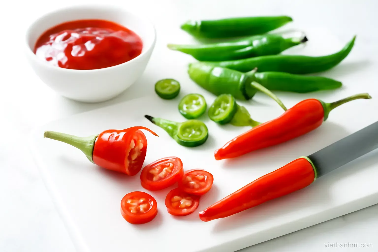 Macro shot of glossy red and green bird eye chilies being sliced on a white ceramic board beside a small bowl of chili sauce, bright clean kitchen light, vivid colours.