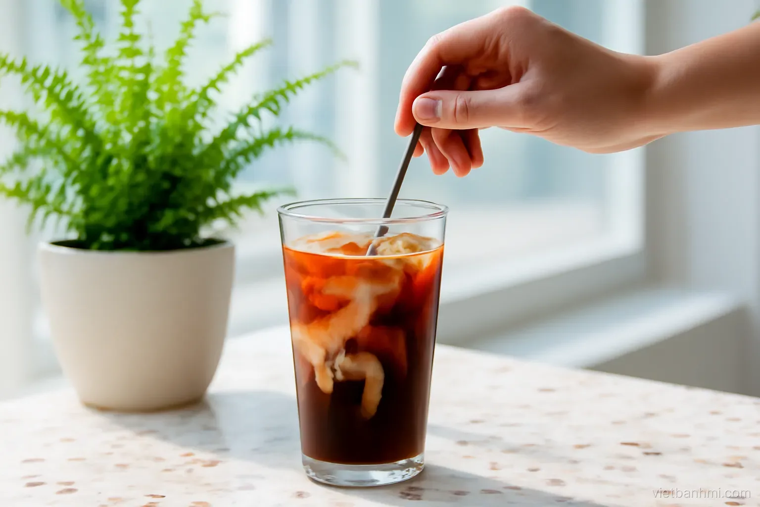 Three-quarter close-up of a hand stirring a creamy swirl of nut milk into a tall glass of iced black coffee on a terrazzo café table beside potted ferns, airy daylight
