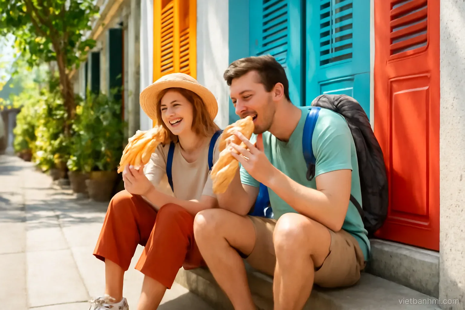 Street-level shot of a narrow leafy Saigon lane, a young backpacker couple eating crusty Vietnamese baguette sandwiches split lengthwise on a doorstep, colourful shutters behind, bright late-morning sun.
