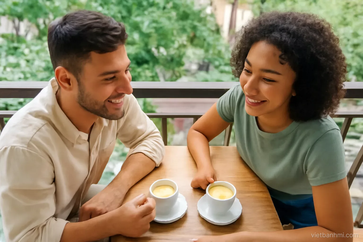 Overhead view of two smiling travellers of mixed ethnicities sharing creamy egg coffee in small cups set in hot-water bowls on a wooden balcony above a leafy Hanoi street