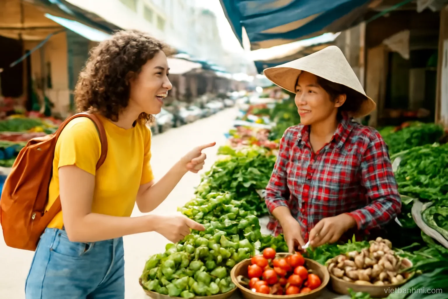Young curly-haired traveller gesturing and pointing at ingredients while a Vietnamese vendor listens and nods at a sunny market lane stall, medium side shot, vivid colours.
