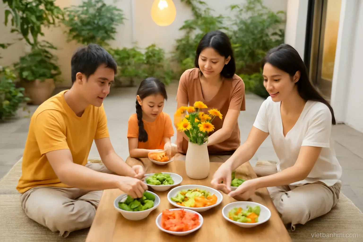 Vietnamese family arranging fruit, flowers and vegetarian dishes on a low wooden table in a bright home courtyard at dusk, soft lanterns glowing, high-angle shot, fresh vivid colours