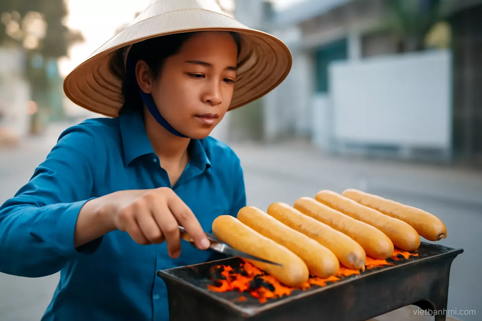 A Vietnamese street vendor toasts a row of thin finger-sized stick baguettes, each split lengthwise, over a small charcoal grill at dusk, close side angle, glowing embers.