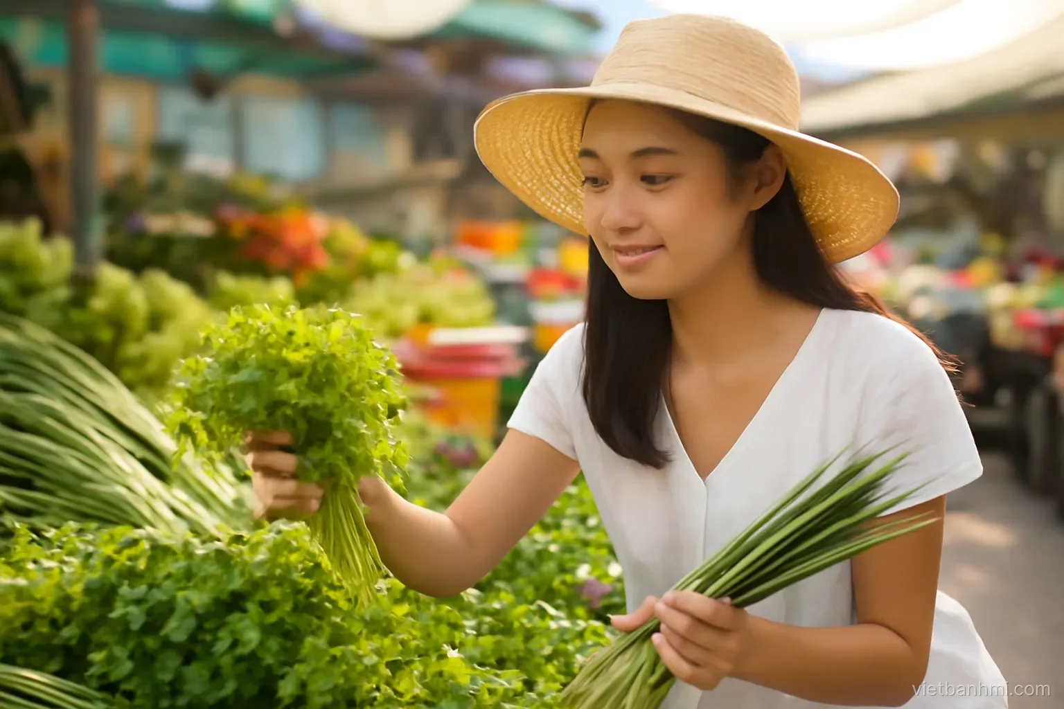 Vietnamese woman in a sunhat selecting bunches of bright green cilantro and scallions at a colorful morning market stall in Saigon, close eye-level shot, fresh dewy greens, soft sunlight