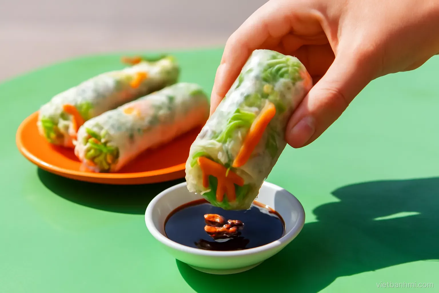 Low side-angle close-up of a hand dipping a fresh rice-paper vegetable roll into soy sauce with sliced chili on a green plastic street table, sunny morning, vivid colours