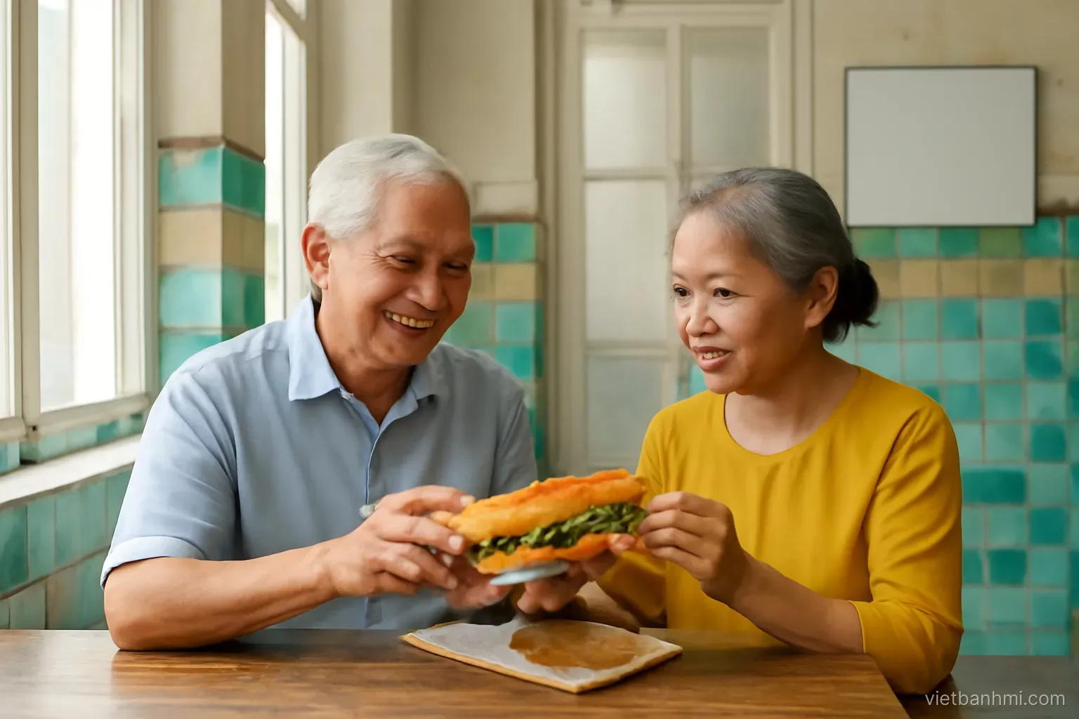 An older Vietnamese couple shares a crusty Vietnamese baguette sandwich split lengthwise at a worn wooden counter inside a tiled colonial-era shophouse, wide shot, soft window light, calm nostalgic mood.