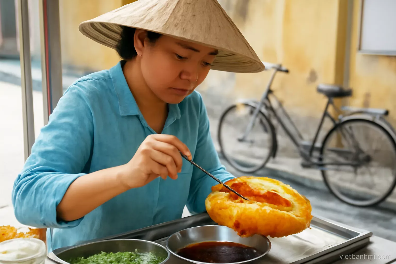 Close side angle of a Vietnamese vendor at a small old-town street stall spooning glossy sauce into a split crusty airy Vietnamese baguette, bicycle parked behind, fresh morning light.