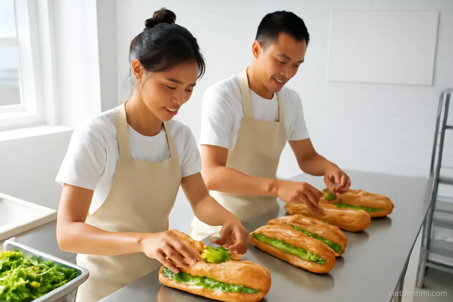 Young Vietnamese shop staff in matching aprons assembling crusty split baguette sandwiches along a spotless stainless counter, overhead three-quarter angle, bright morning light, crisp modern editorial style