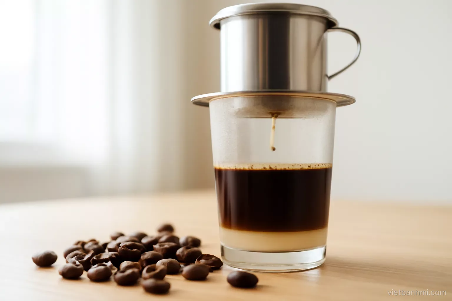 Low-angle macro of dark roasted coffee beans scattered beside a metal phin filter slowly dripping into a clear glass on a pale wooden counter, soft bright window light