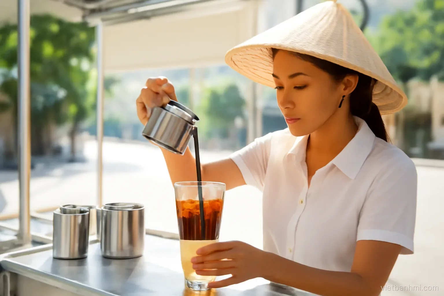 Close-up side view of a young Vietnamese vendor pouring dark phin-dripped coffee over ice and condensed milk at a sunny sidewalk coffee cart in Saigon, bright morning light
