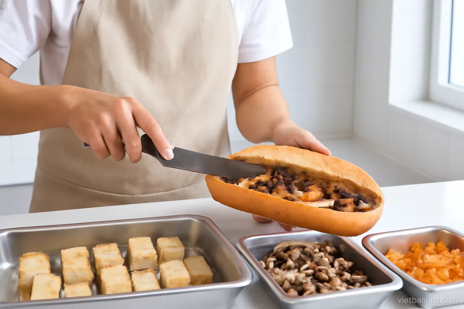 Close-up of a vendor using a separate clean knife over dedicated tofu and mushroom trays, filling a Vietnamese baguette sandwich split lengthwise at a spotless counter, cool daylight.