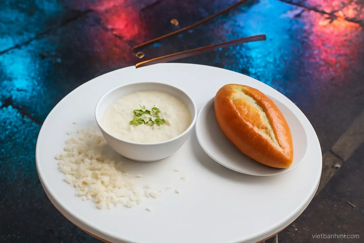 Overhead night shot of a small sidewalk table crowded with broken rice, a bowl of rice porridge and a crusty split baguette, chopsticks mid-air, neon reflections on wet pavement.