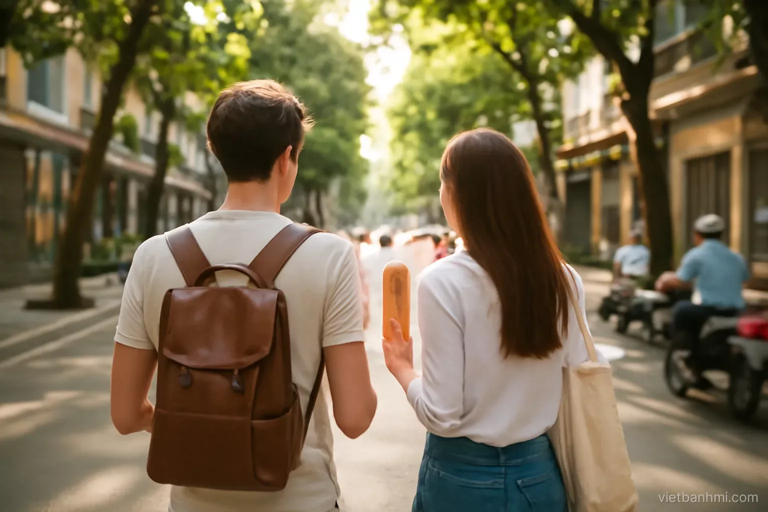 Tracking shot from behind of two travellers walking a leafy central Saigon street at golden hour, each holding a paper-wrapped Vietnamese baguette sandwich split lengthwise, motorbikes softly blurred.