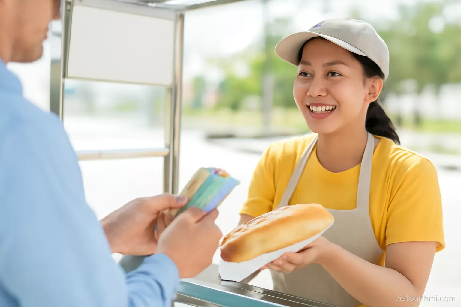 Close-up of a traveller handing folded colourful banknotes to a smiling Vietnamese vendor who wraps a crusty split baguette at a bright steel cart, shallow depth of field, midday daylight