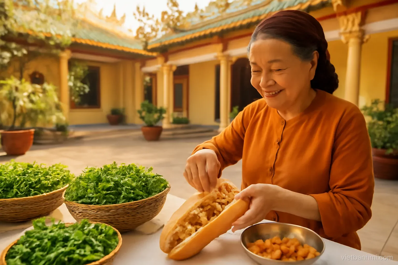 Wide warm shot of a calm Saigon pagoda courtyard kitchen, an older Vietnamese woman filling a Vietnamese baguette sandwich split lengthwise with tofu beside baskets of herbs, golden morning.