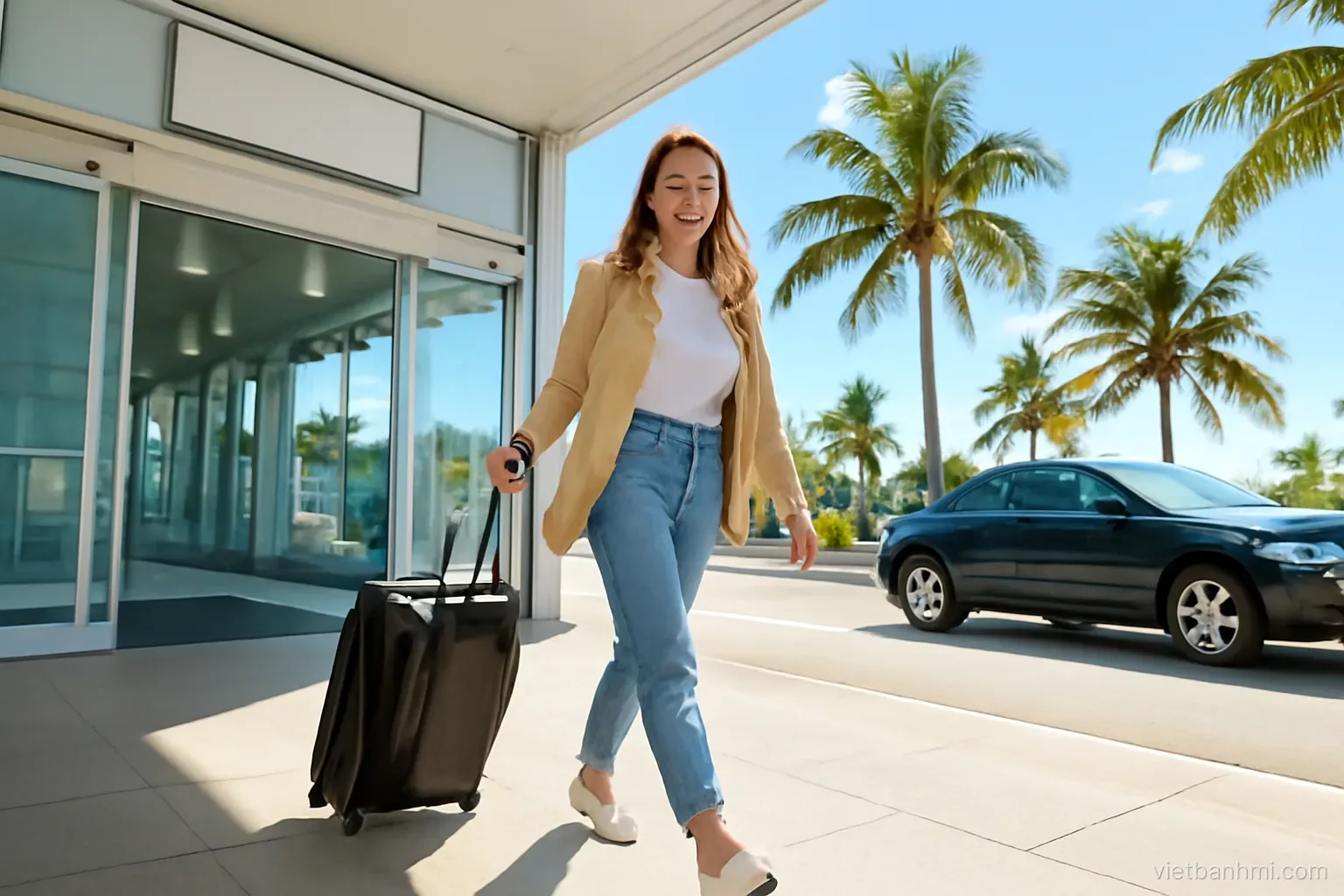 Wide angle of a smiling traveller with a rolling suitcase stepping out of a modern airport arrivals hall into bright tropical afternoon sun, palm trees and a waiting car