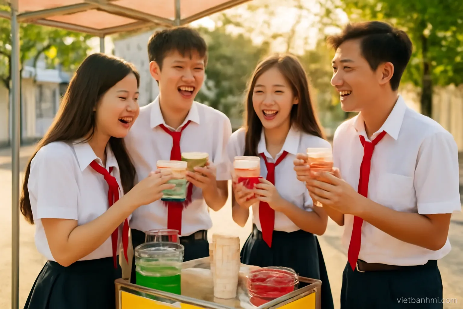 Golden late-afternoon shot of Vietnamese students in school uniforms gathered around a sidewalk snack cart, sharing colorful sweet dessert cups and laughing, eye-level, warm vivid tones.