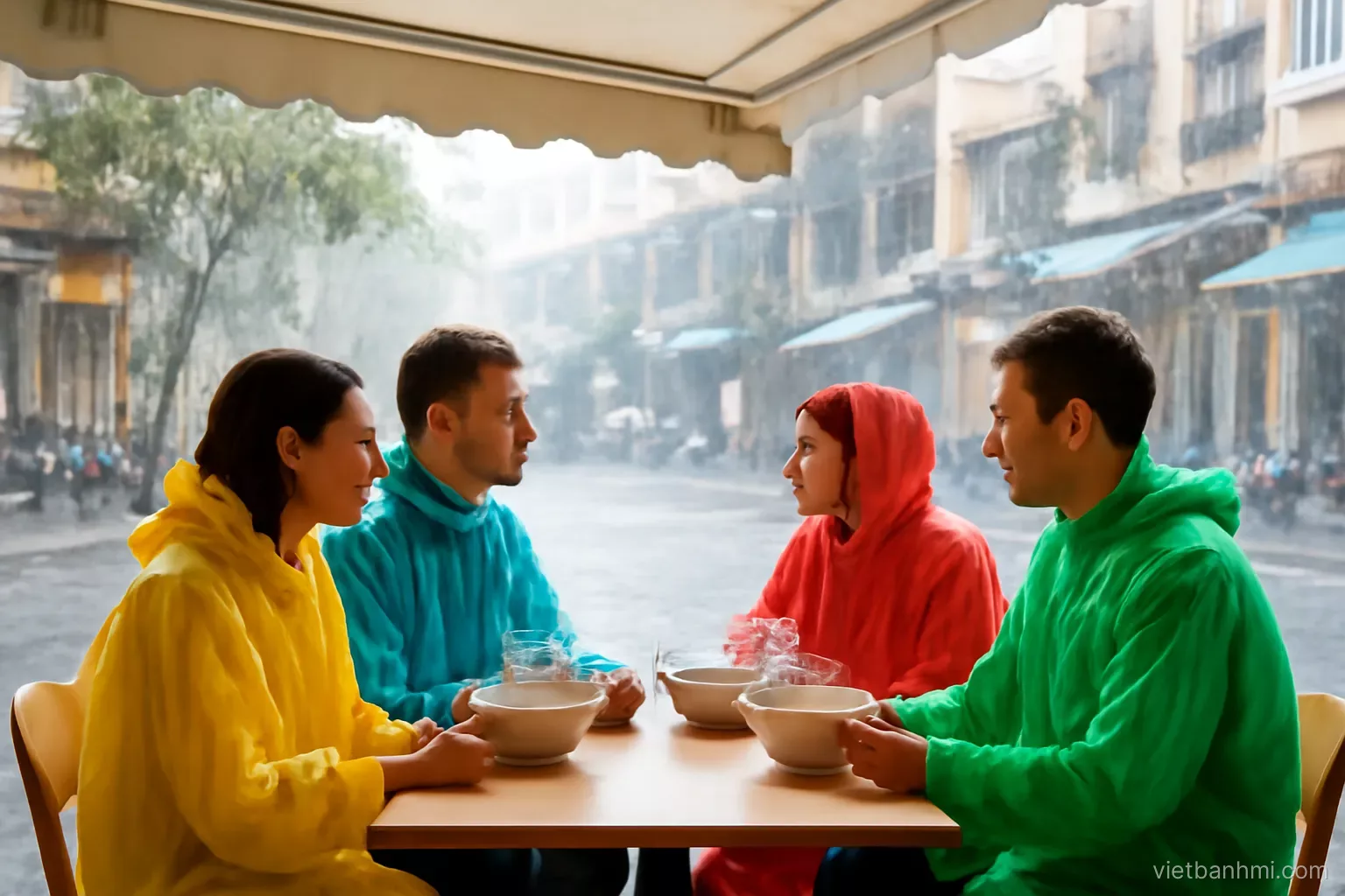 Eye-level view of travellers in colourful rain ponchos sheltering under a café awning, watching a tropical downpour on a Saigon street, steaming noodle bowls on their table