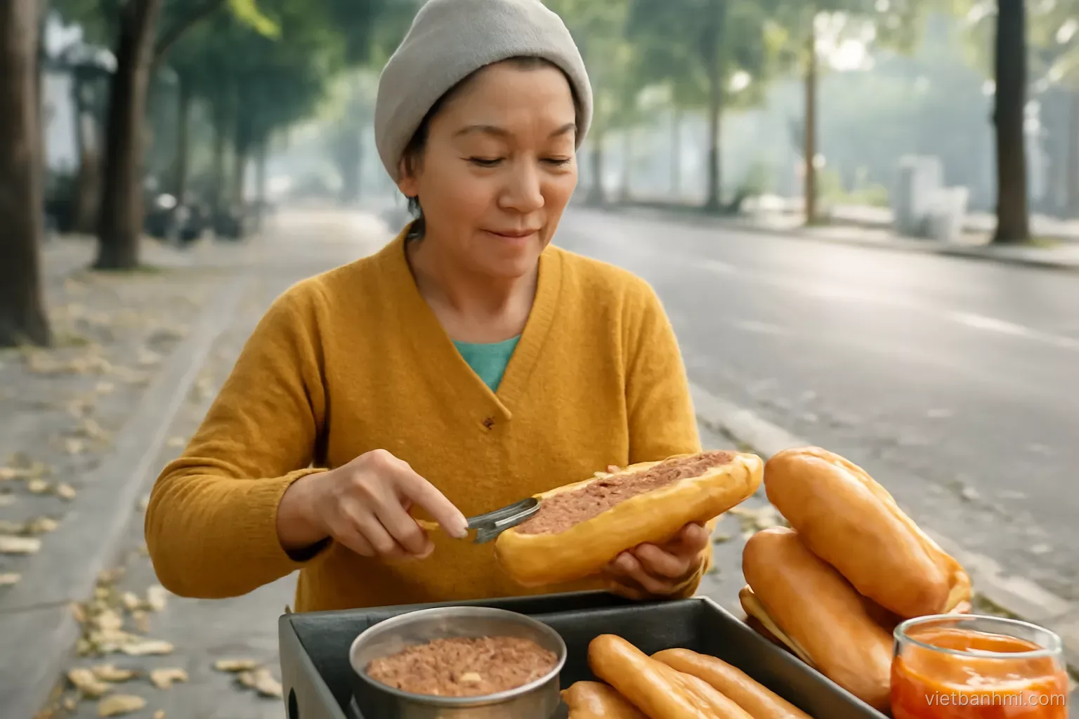 On a leafy Hanoi pavement at dawn, a Vietnamese vendor in a knitted cardigan spreads pate inside a warm crusty Vietnamese baguette sandwich split lengthwise, eye-level shot, soft cool light.