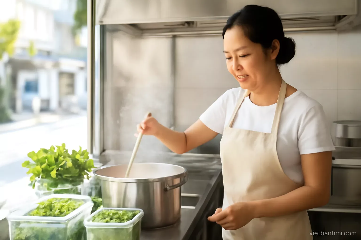 Vietnamese cook in a clean apron stirring a steaming broth pot at a tidy stainless street kitchen, fresh herbs in clear tubs, side angle, bright morning light