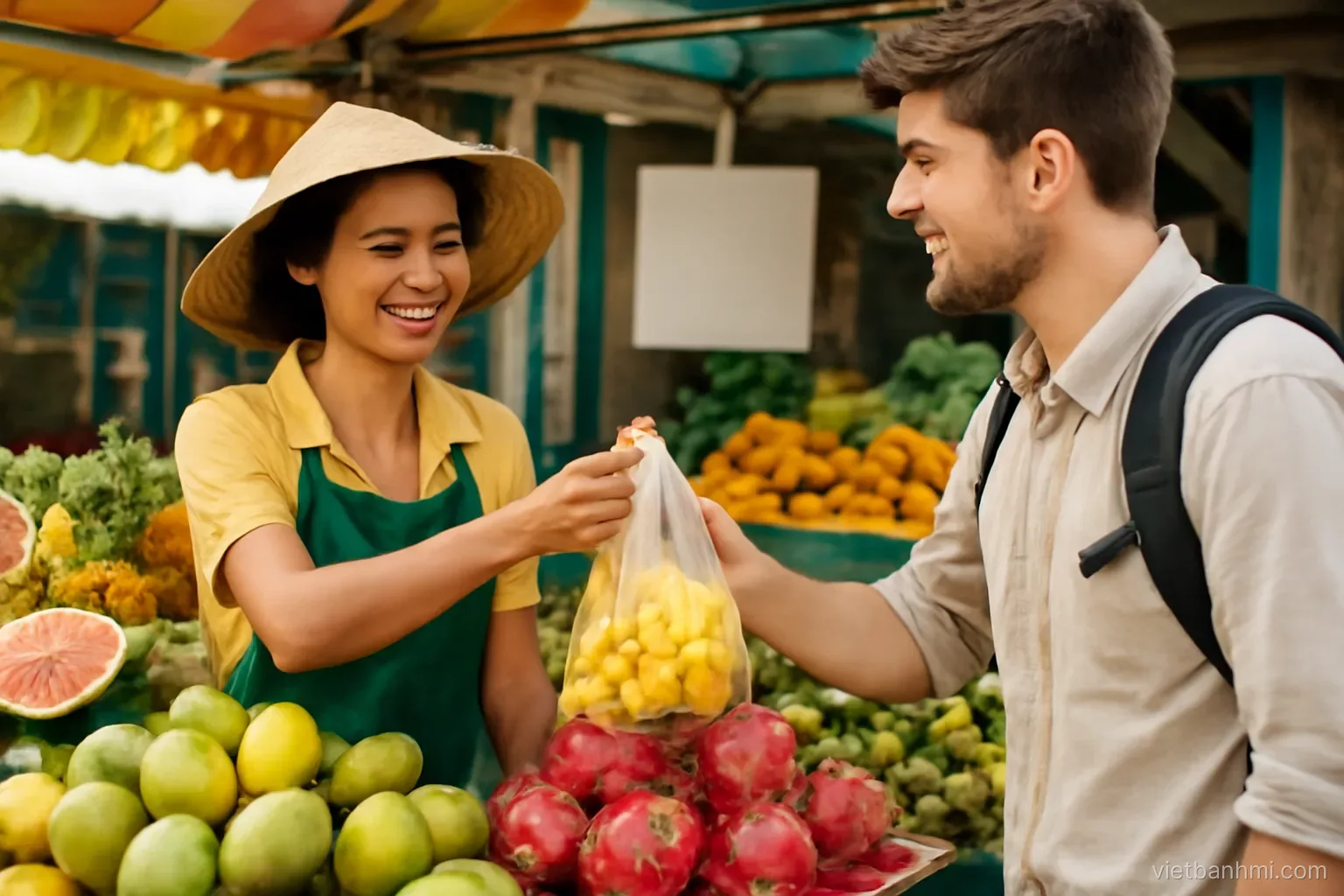 Smiling Vietnamese fruit vendor handing a bag of cut mango and pineapple to a young traveller at a colourful market stall, natural daylight, medium close shot, airy modern editorial