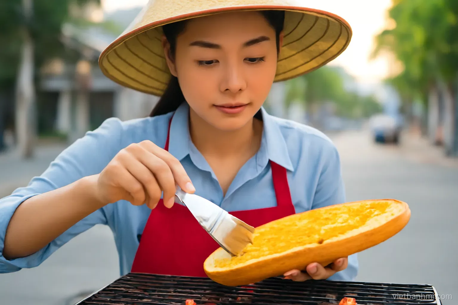 Close eye-level shot of a young Vietnamese street vendor brushing glossy golden spread onto a toasted Vietnamese baguette split lengthwise over a charcoal grill at dusk, sugar sparkling.