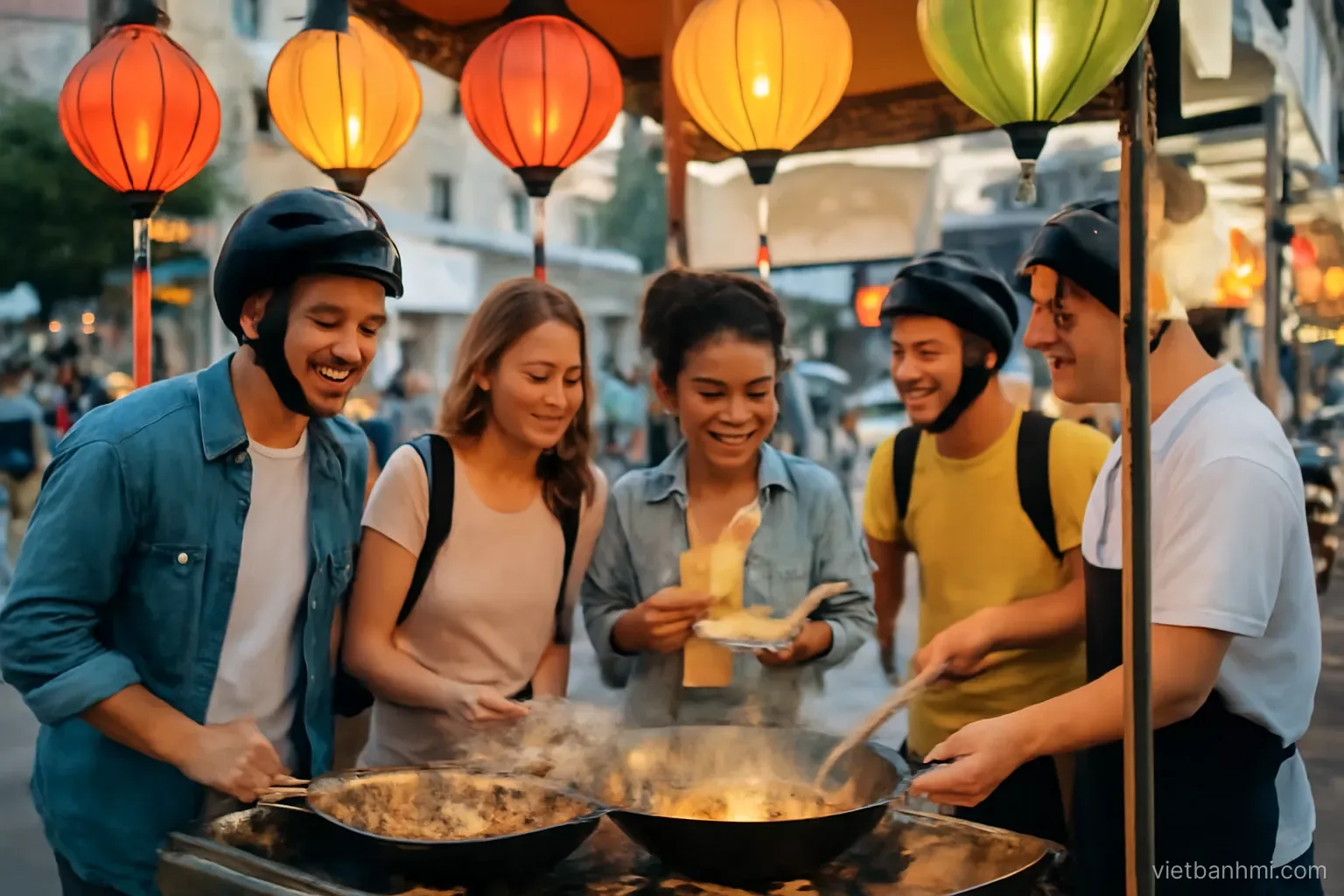 High-angle evening shot of a mixed group of travellers on a motorbike food tour gathered around a glowing street stall with steaming woks and colourful lanterns overhead