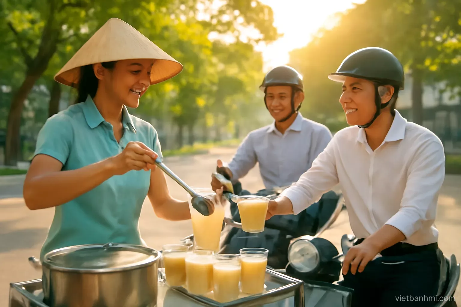 Vietnamese street vendor ladling warm soy milk into cups for office workers on scooters at a leafy city corner at sunrise, golden light, medium shot, fresh vivid colours