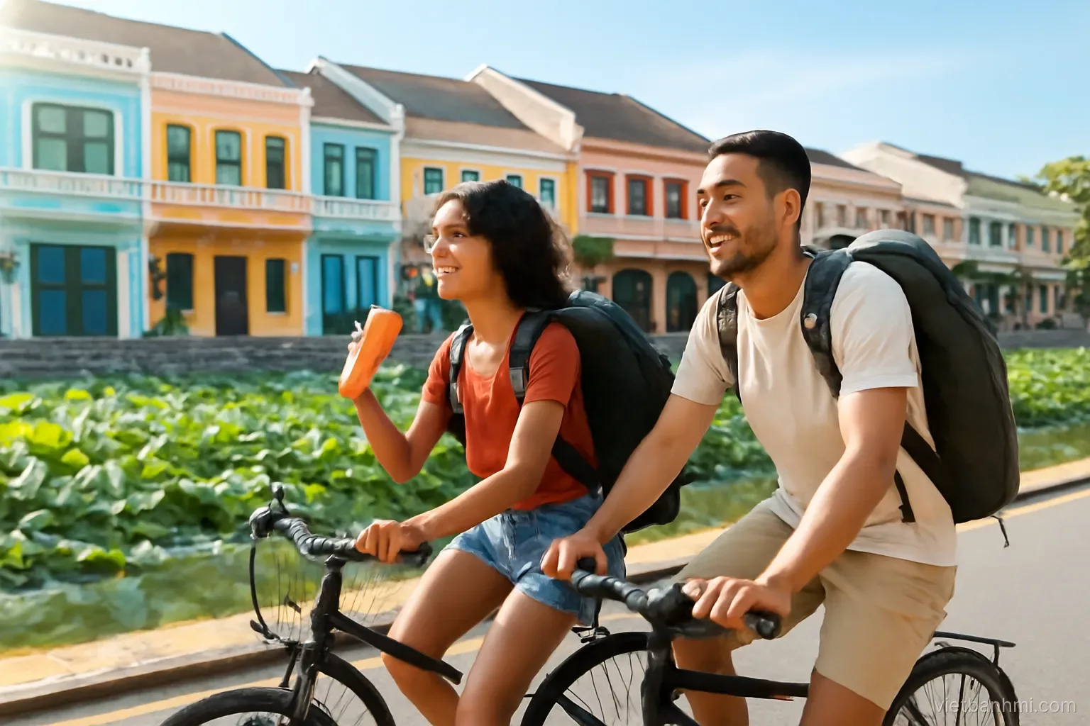 Two mixed-ethnicity backpackers cycling past a lotus pond and pastel shophouses in a calm Vietnamese old town, one holding a Vietnamese baguette sandwich split lengthwise, wide shot, bright morning.
