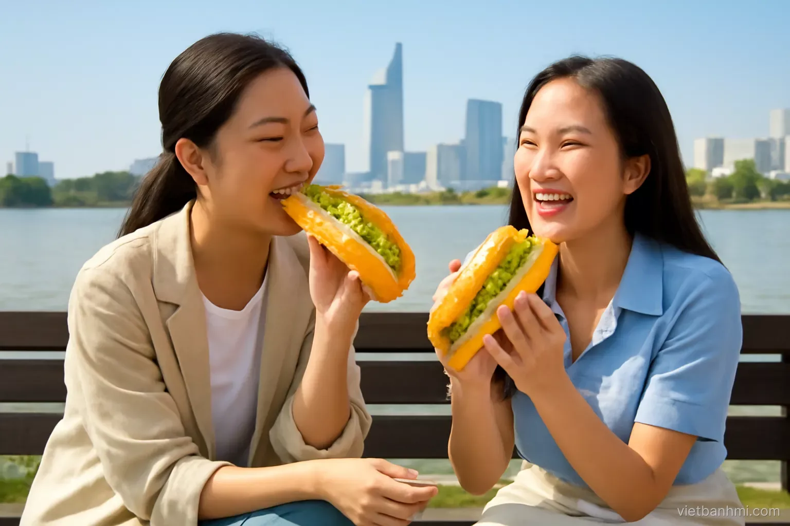 Medium shot of two friends on a breezy riverside bench in Saigon, one biting a tofu-filled Vietnamese baguette sandwich split lengthwise, the other holding a pork-filled one, bright morning light.