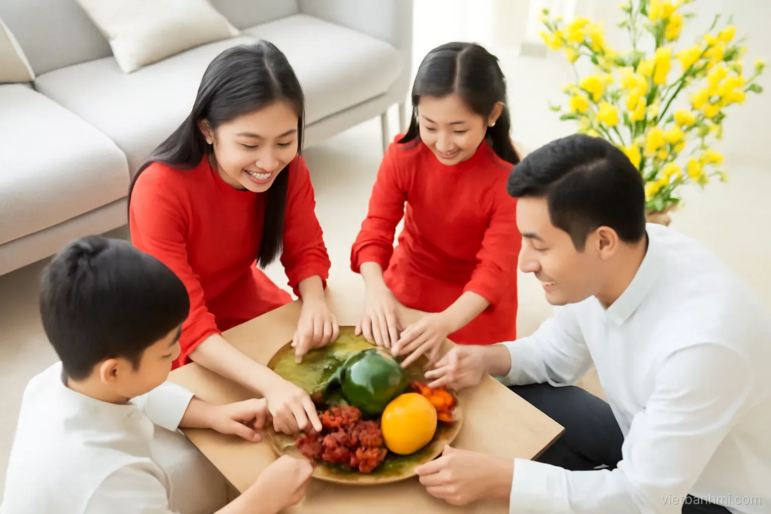 Overhead view of a Vietnamese family arranging a festive tray of fruit and leaf-wrapped square sticky rice cakes beside yellow apricot blossoms in a bright, modern living room