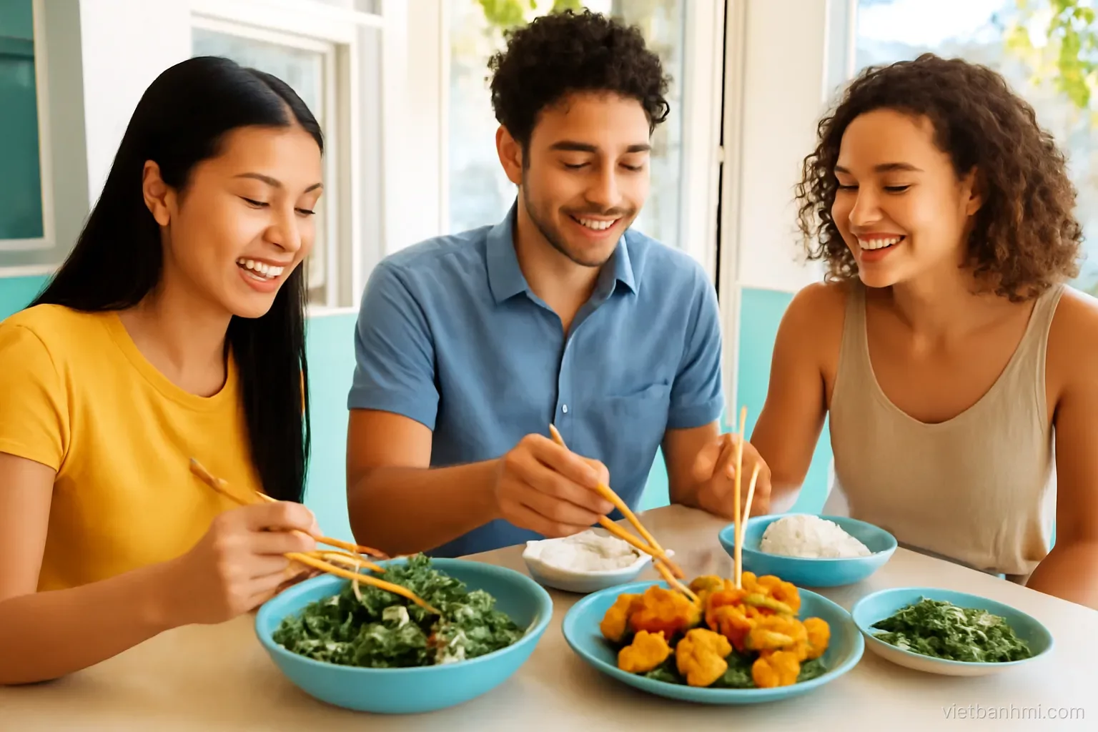 Young Vietnamese woman and two mixed-ethnicity travellers sharing a colourful spread of tofu, greens and rice at a sunlit open-front eatery, eye-level shot, airy modern editorial, fresh vivid colours