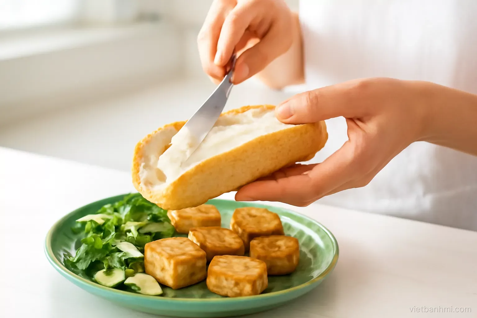Close-up three-quarter view of hands spreading pale creamy vegan mayo inside a crusty split Vietnamese baguette, golden tofu and fresh herbs waiting on a green ceramic plate, bright kitchen light.