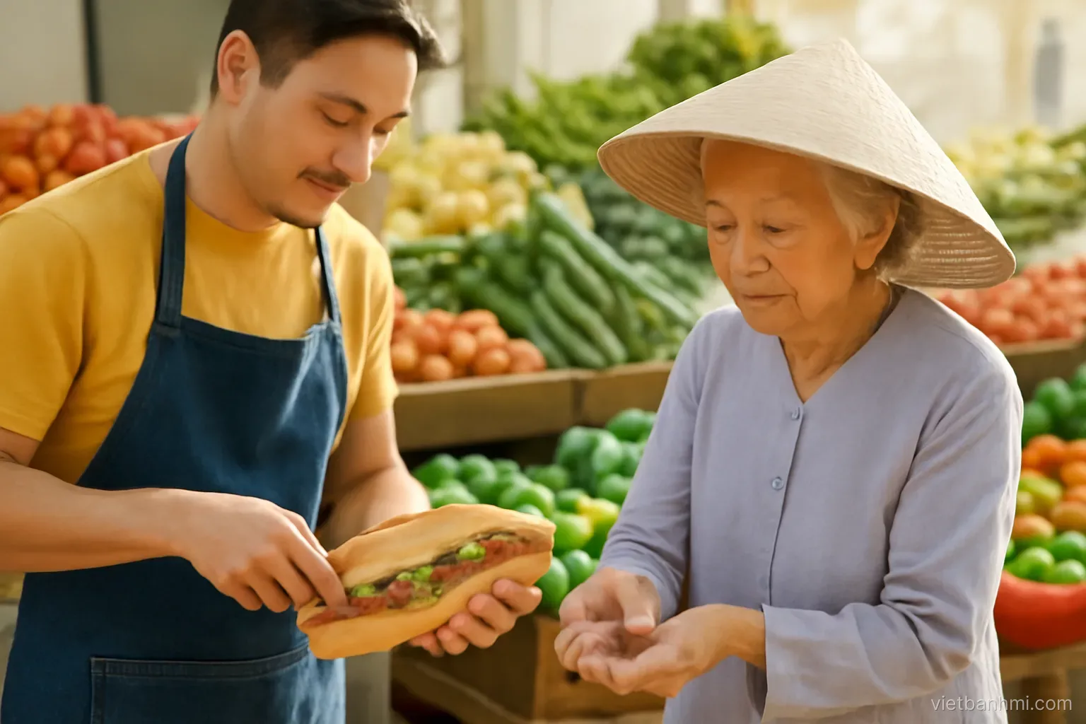 Three-quarter view of a market vendor slicing open a crusty Vietnamese baguette sandwich split lengthwise while a Vietnamese grandmother counts coins from her palm, colourful produce behind, warm morning light.