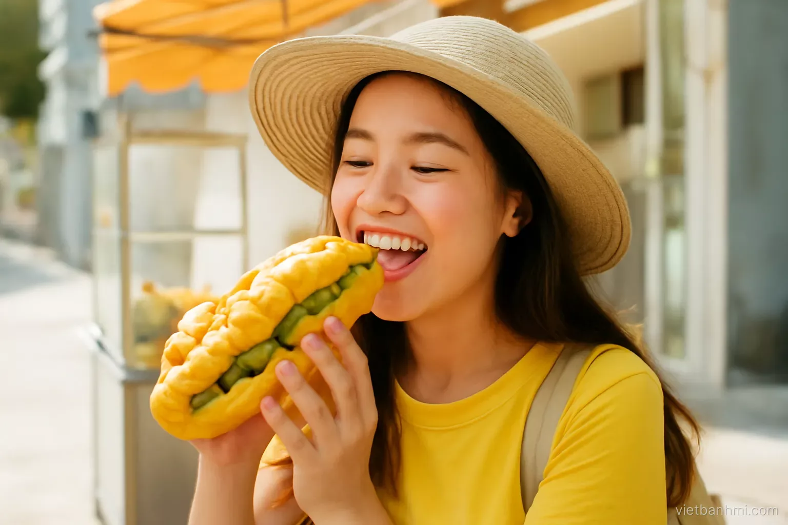 A smiling young traveller takes her first bite of a Vietnamese baguette sandwich at a sunny street stall, crusty airy baguette split lengthwise, herbs visible, eye-level shot, bright morning light.