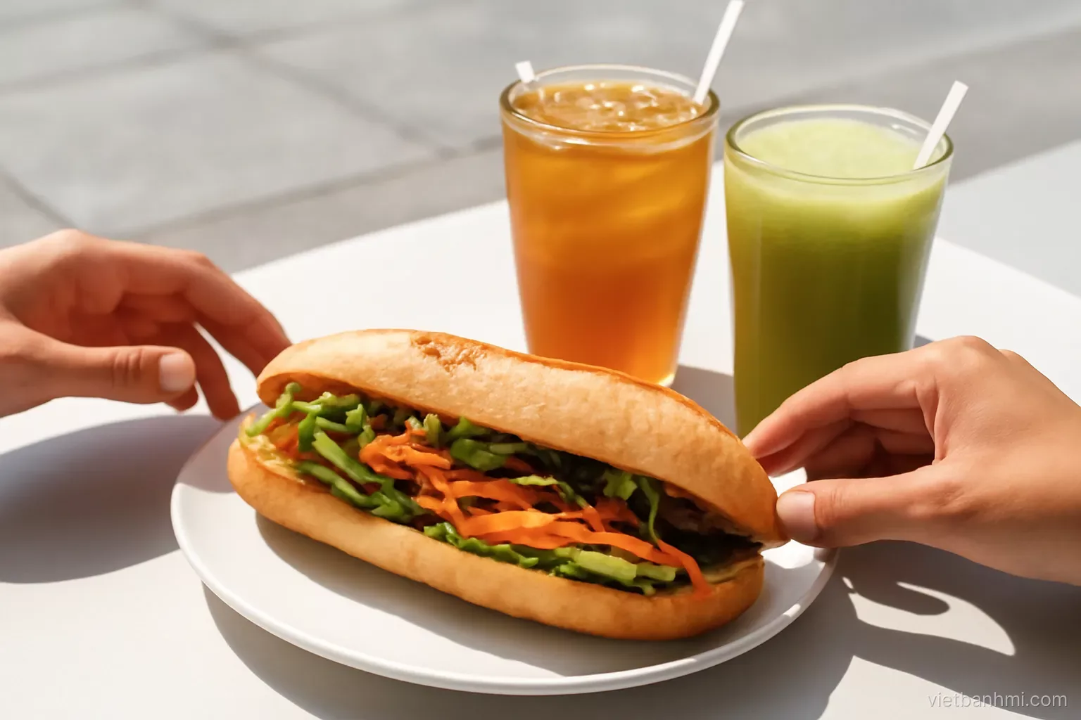 Forty-five degree view of a crusty Vietnamese baguette sandwich split lengthwise beside iced tea and green sugarcane juice on a low sidewalk table, travellers hands reaching in, sunny morning.