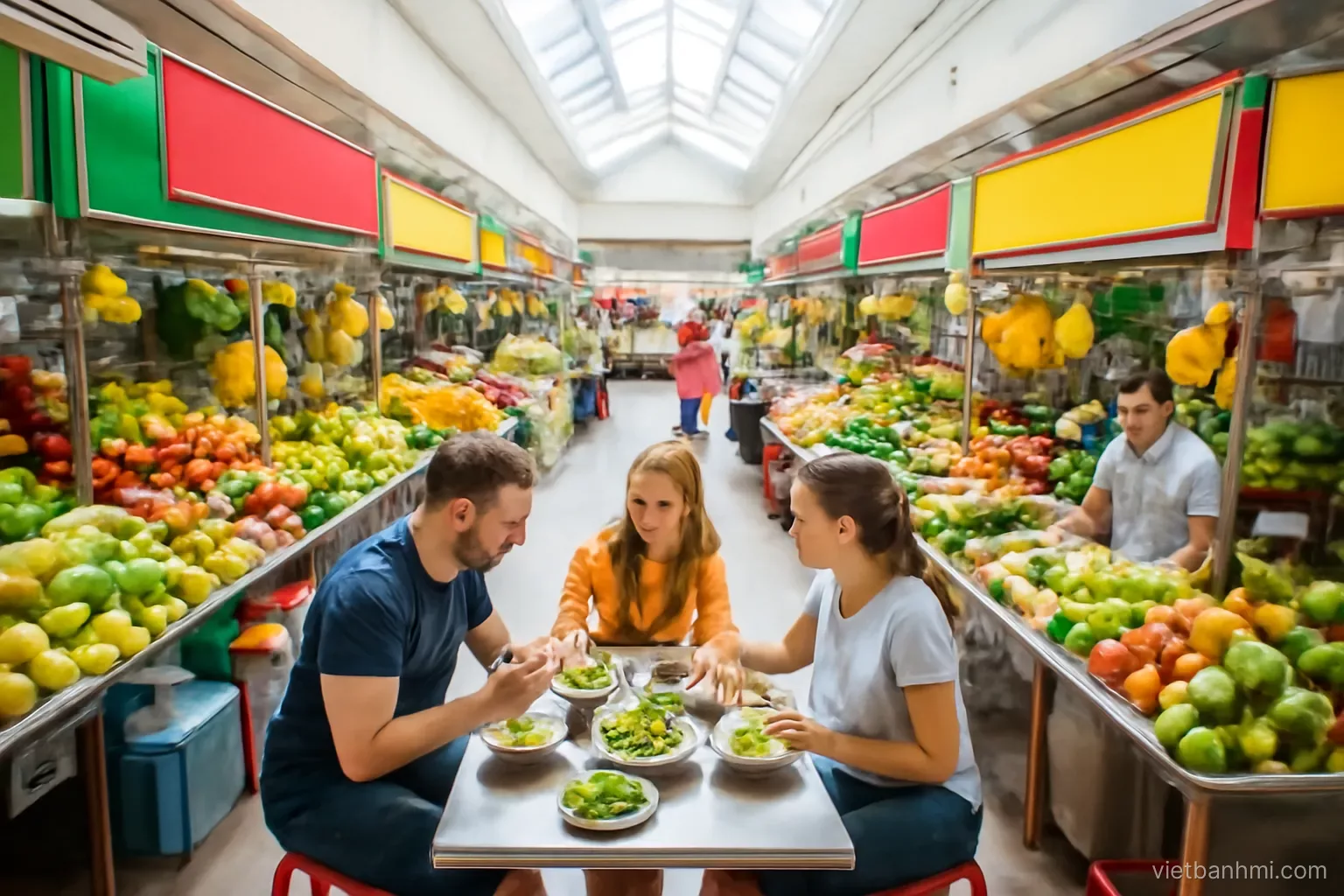 Wide high-angle view of a busy indoor Vietnamese market food aisle, colorful stalls with steaming bowls and fresh fruit, tourists and locals sharing a counter, bright natural skylight.